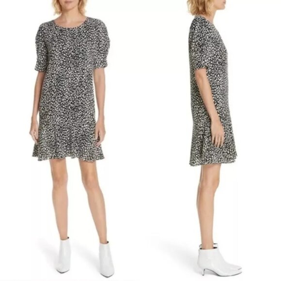 JOIE Angeni Dress, Black White Leopard Cheetah Print Puff Sleeve Casual Boho, S - Picture 1 of 16